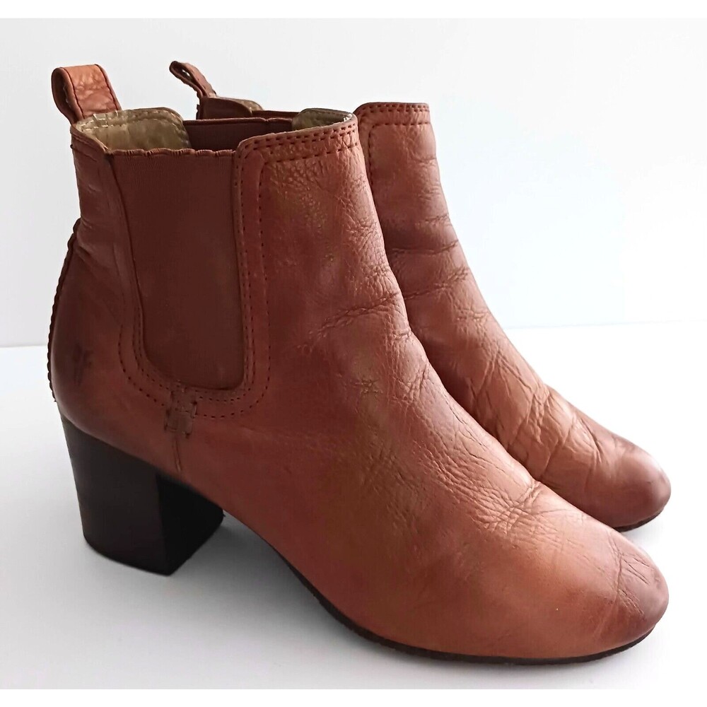 FRYE Stella Cognac Brown Leather Stacked Heel Chelsea Ankle Boot Sz 7